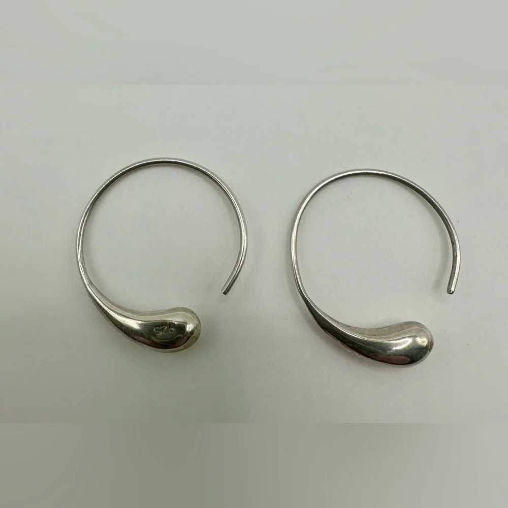 Sterling Silver 925 Earrings Teardrop Round Hoop Eternal Circle Luna Tear Drop